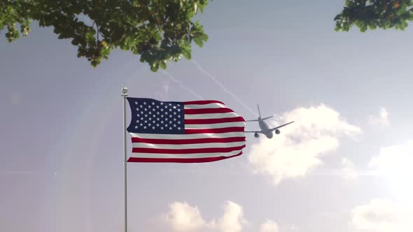 United States  Flag With Airplane And City -3D rendering