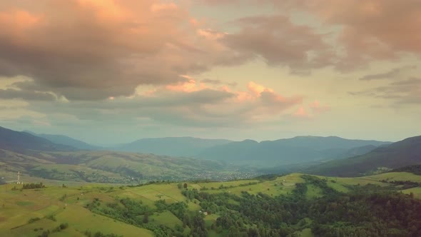 Aerial View of the Endless Lush Pastures of the Carpathian Expanses and Agricultural Land