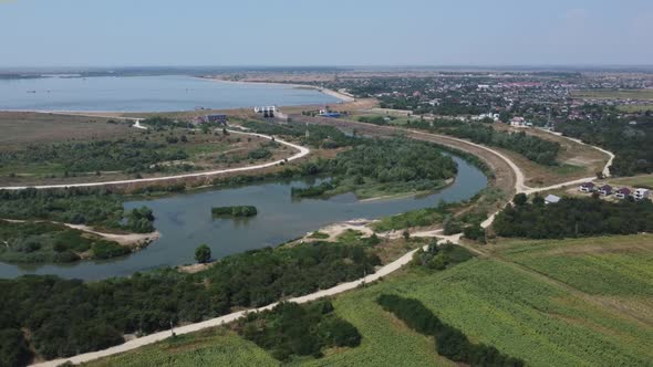 Summer Sunny Drone Shot Aerial View Flying Over Lake Close to Bucharest RO