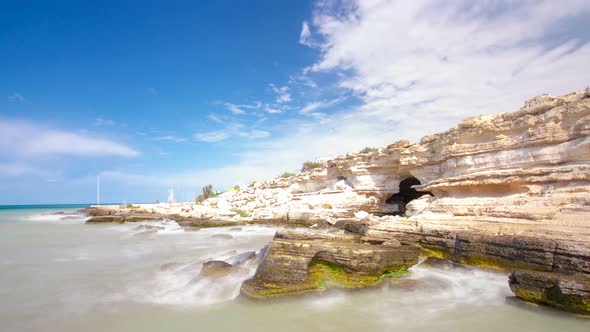 Seascape From the Deserted Shore To the Caspian Sea with Blue Sky and Roaring Waves Timelapse