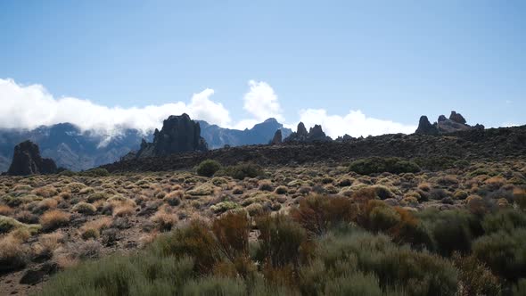 View From a Car Moving Through Teide National Park, Tenerife, Canary Islands, Spain. Volcanic Rocky