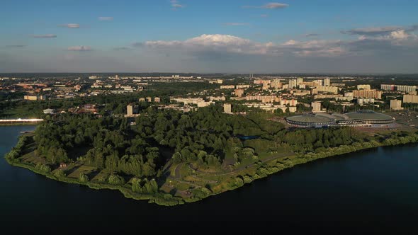 Top View of the City Park and Sports Complex in Chizhovka.Recreation Park with Bike Paths in Minsk