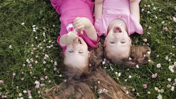 Two Cute Little Girl Lying Upside Down on Meadow Grass and Flowers Making Air Kiss