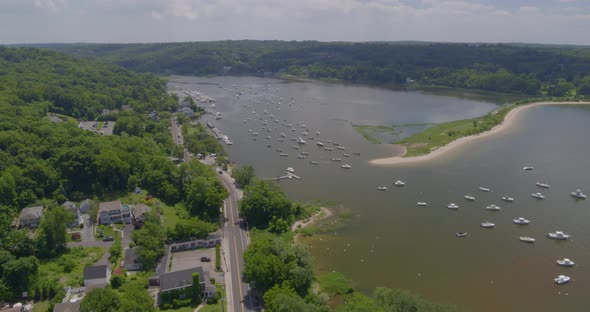 Aerial of Cold Spring Beach and Boats Anchored at Harbor in Long Island