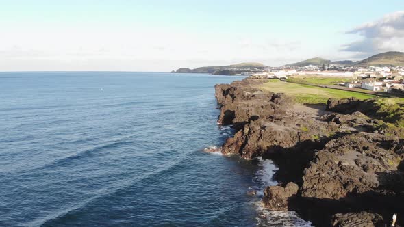 4k drone footage of a scenic aerial view slowly flying over the rocky coast of Azores, Portugal.