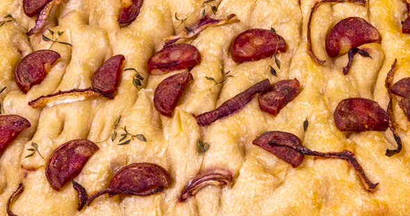 Traditional Italian Focaccia with pepperoni, cherry tomatoes, black olives, rosemary ando onion - ho