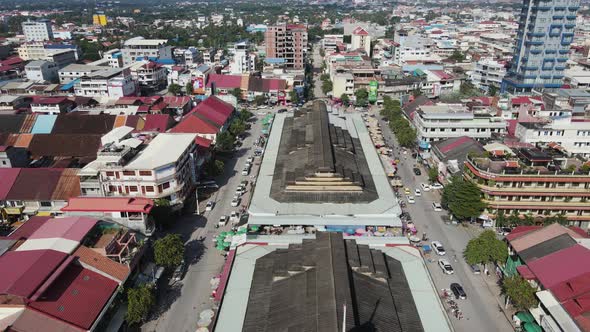 Aerial view of Phsar Nat, the old market in Battambang, Cambodia.