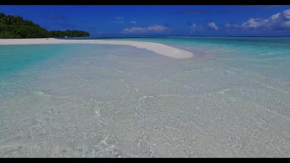 Aerial top down scenery of luxury tourist beach wildlife by turquoise ocean and bright sand backgrou