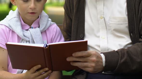 Grandfather Teaching Grandson Reading, Resting on Bench in Summer Park, Family