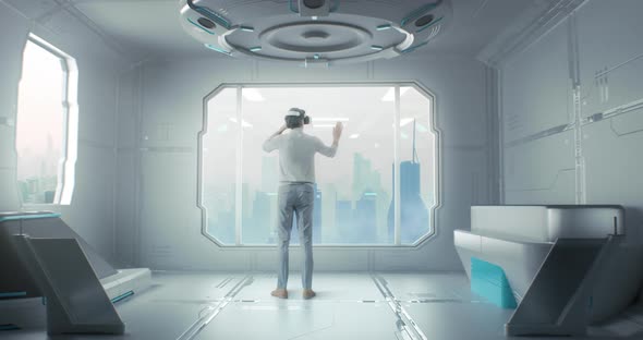 Anonymous Man Choosing Window View in Virtual Reality Room