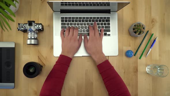 Flat Lay Of Man Hands Working On Computer