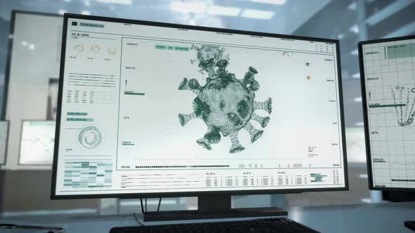 Data and informations on a screen. Image of a group of viruses. Coronavirus. UI