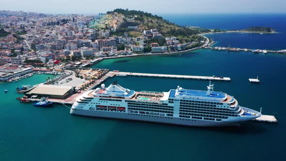 Aerial panoramic view of bay and harbor in Kusadasi resort, Turkey