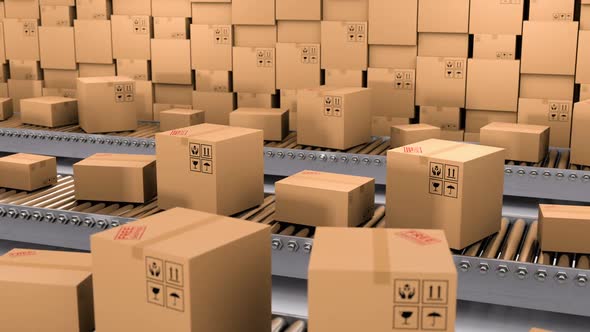 Storehouse with Many Cardboard Boxes and Internet Goods on the Conveyor Line alt