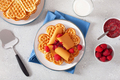 waffles with Norwegian brunost traditional brown cheese and raspberry jam - PhotoDune Item for Sale