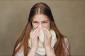 Young woman blowing nose has flu catarrh ill sick disease treatment cold. - PhotoDune Item for Sale