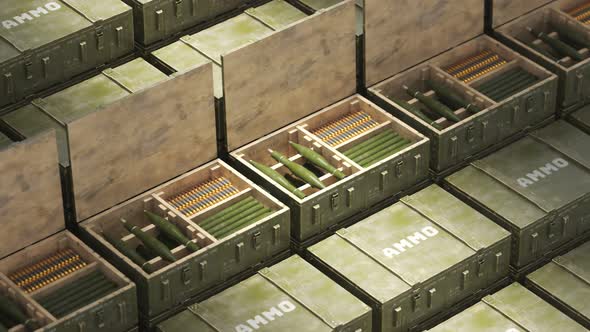 Opened military box with RPG projectiles and rifle ammunition. Endless stack. 4K