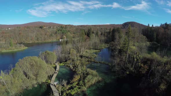 Aerial of wooden path and lake at Plitvice Park
