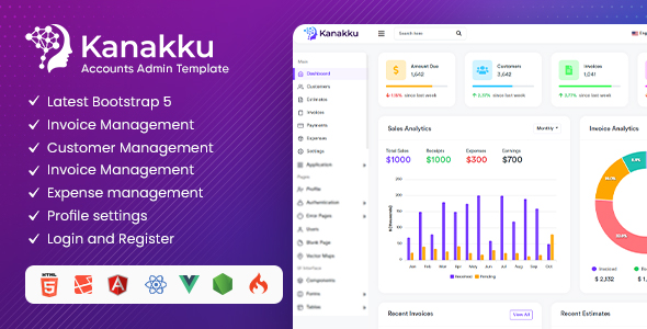Kanakku – Sales, Invoices & Accounts Admin Template with RTL (HTML5, React, Laravel, Vue, Angular)