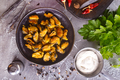 Fried mussels with onions on skewers with spice and parsley - PhotoDune Item for Sale