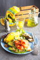 Omelette, fresh arugula and tomato salad and toasts with butter and salted salmon. Breakfast. - PhotoDune Item for Sale