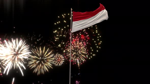 Indonesia Flag With Fireworks 