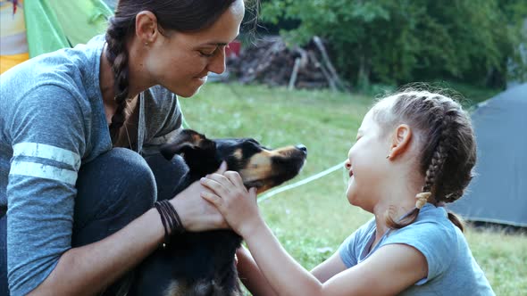 Mother with Daughter is Gently Stroking Mongrel Dog at Campfire