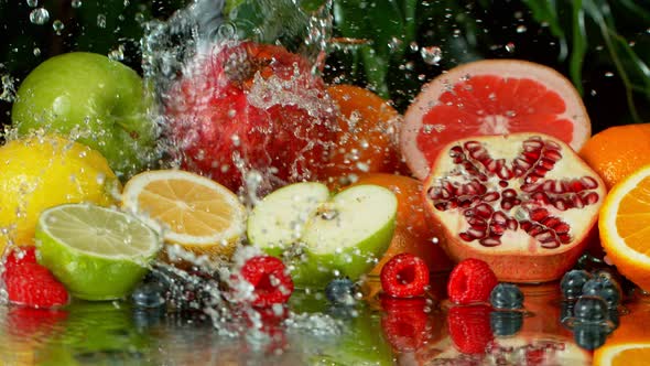 Super Slow Motion Shot of Splashing Water on Variation of Fruits at 1000Fps.