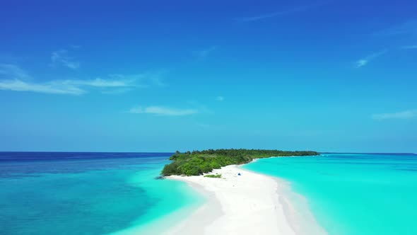 Aerial drone panorama of idyllic lagoon beach trip by blue sea with white sand background of a dayou
