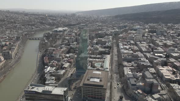 Tbilisi, Georgia - March 3, 2021: Flying over Shota Rustaveli Avenue