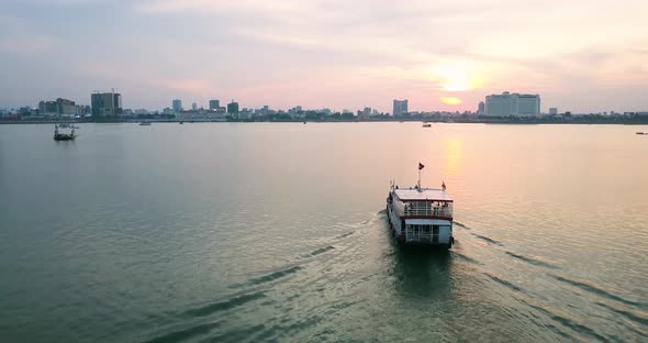 Aerial View Of Ferry In Phnom Penh - Cambodia 4K