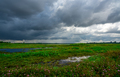 Landscape of green grass field and overcast sky. Dark cloudscape of a stormy sky. Natural water  - PhotoDune Item for Sale