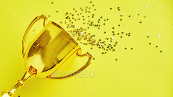 Champion gold cup trophy on yellow background. minimalism style