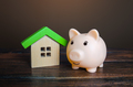 Piggy bank near a house. Savings on household bills, energy saving technologies. - PhotoDune Item for Sale