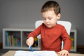 A cute attentive little toddler boy of two years old draws with markers in the album  - PhotoDune Item for Sale