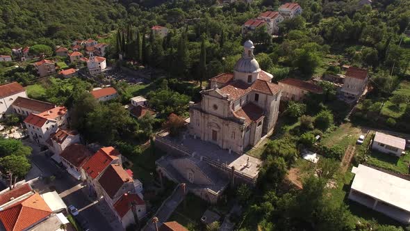 Drone View of the Building of the Church of the Our Lady Birth in Prcanj Montenegro