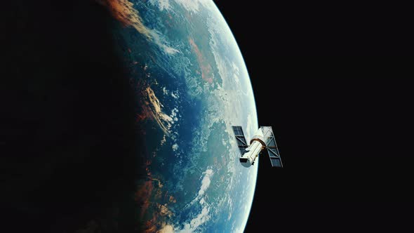 Telescope in Outer Space Near Surface of Blue Planet alt