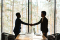 Outlines of intercultural business partners shaking hands over workplace - PhotoDune Item for Sale
