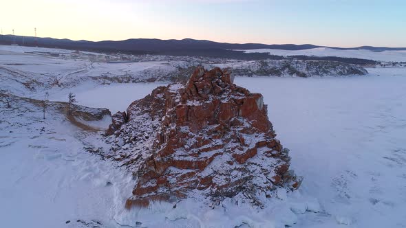 Aerial View on Shamanka Rock on Olkhon Island at Beautiful Sunrise