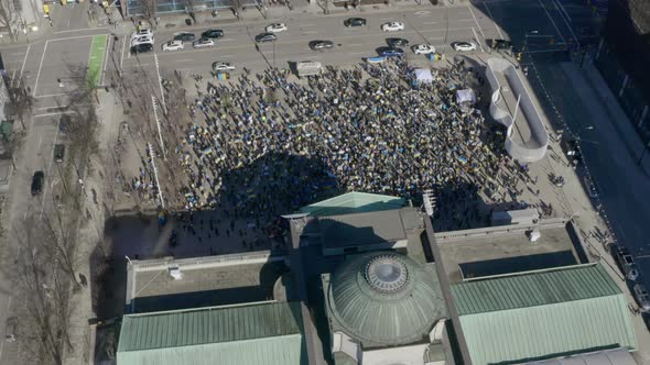 Hundreds Of People Protest In Downtown Vancouver At The Vancouver Art Gallery In Support Of Ukraine.