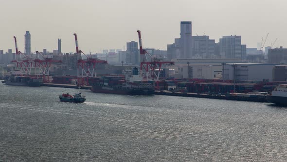 Timelapse Tokyo Vessels Drift Past Modern Container Terminal