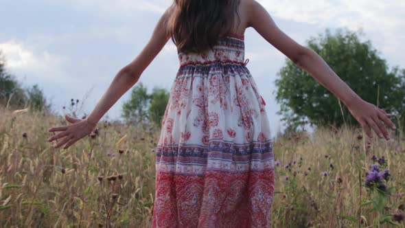 Little girl walking through summer field