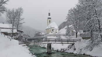 eam, footbridge and church. Ramsau bei Berchtesgaden, G