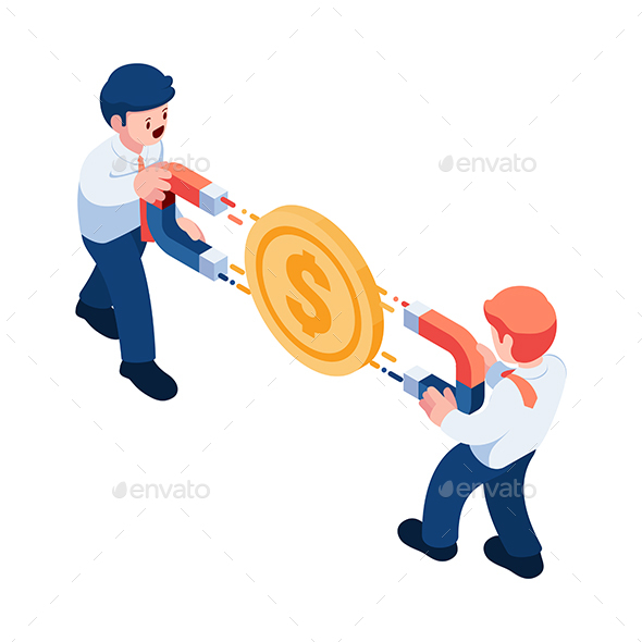 Isometric Businessman use Magnet to Attract Money