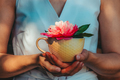 hands holding a mug with a peony. beautiful summer flowers - PhotoDune Item for Sale