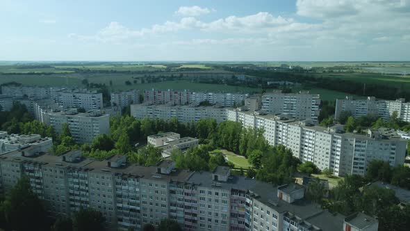 Multi Storey Buildings And A Large Green Area. Tranquil Suburbs In A Big City. Overall Plan