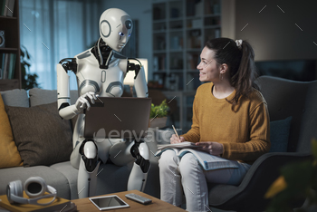 ies on a couch in her modern home, highlighting the benefits of artificial intelligence.