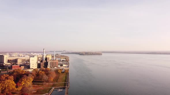 Detroit River Near The City O Wyandotte Michigan During Autumn - Aerial Drone Shot