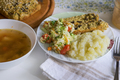 Healthy, vitamin-rich, balanced vegan dinner. Vegetable soup, mashed potatoes, coleslaw - PhotoDune Item for Sale
