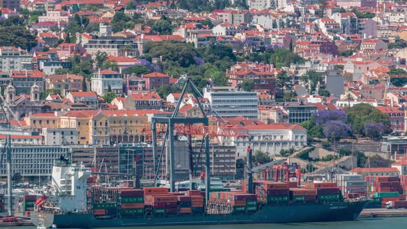 Panorama of Lisbon Historical Centre Aerial Timelapse Viewed From Above the Southern Margin of the